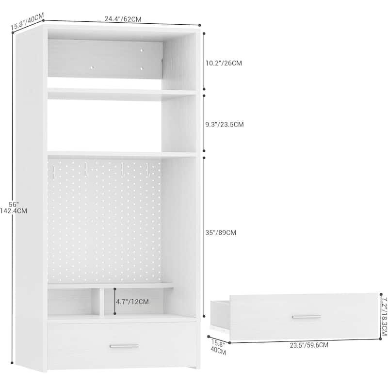 25'' W Hanging Closet System with Vanity Desk, Closet Organizer with Wood Drawer and Storage Shelves and Magnetic Pegboard