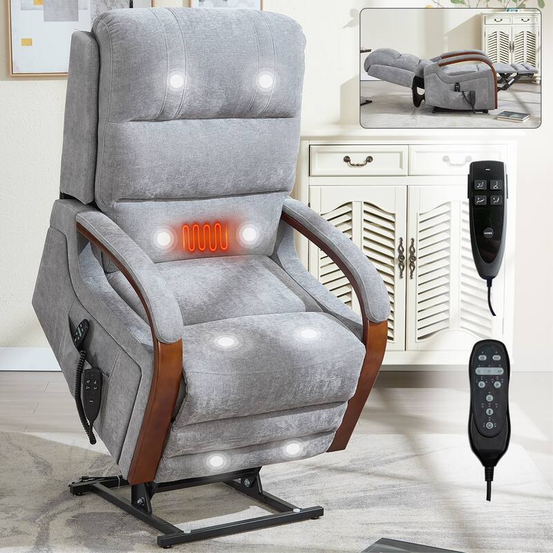 Power Lift Recliner Chair Dual Motor Infinite Position with Solid Wood Armrests, Heat Massage and Heavy Duty Motion Mechanism - Grey