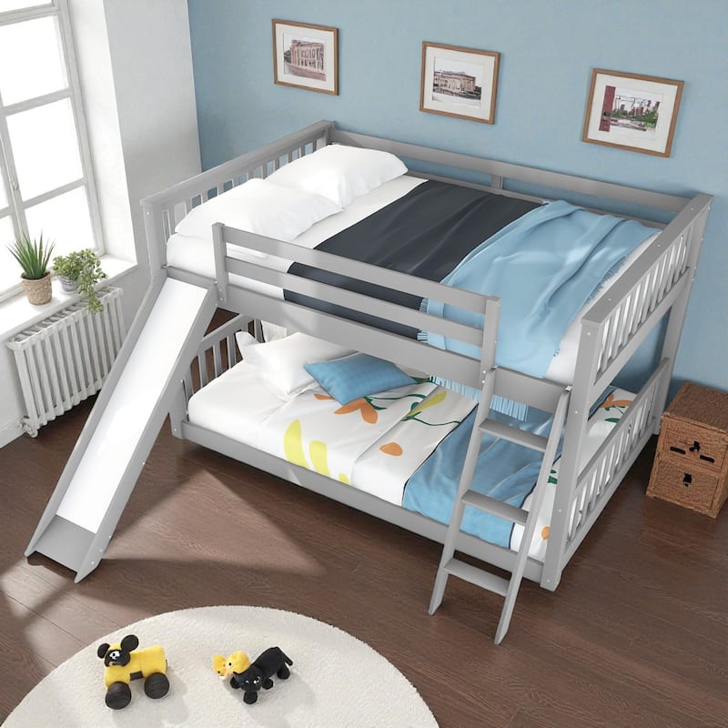 Twin Over Twin / Full Over Full Wooden Bunk Bed with Convertible Slide and Ladder, Guardrails, No Box Spring Needed