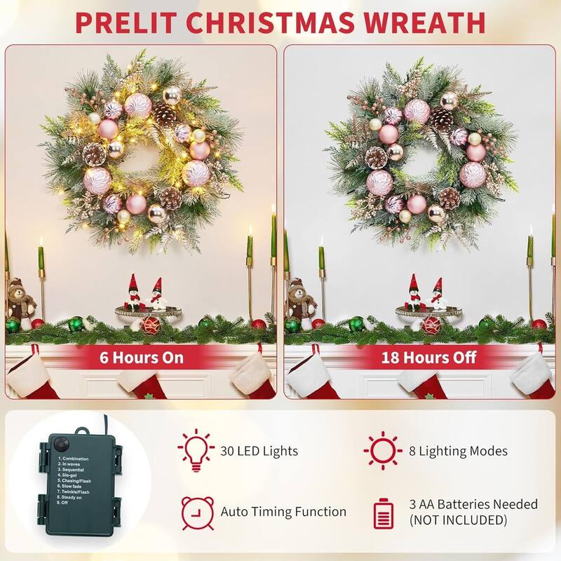 22" Lighted Pink Christmas Wreath for Front Door with Balls Pine Cones & Berries - N/A