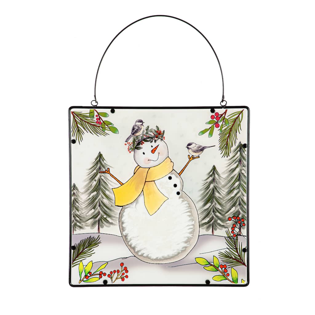 16" H x 16" L Snowman & Chickadees Hanging Glass Wall Art