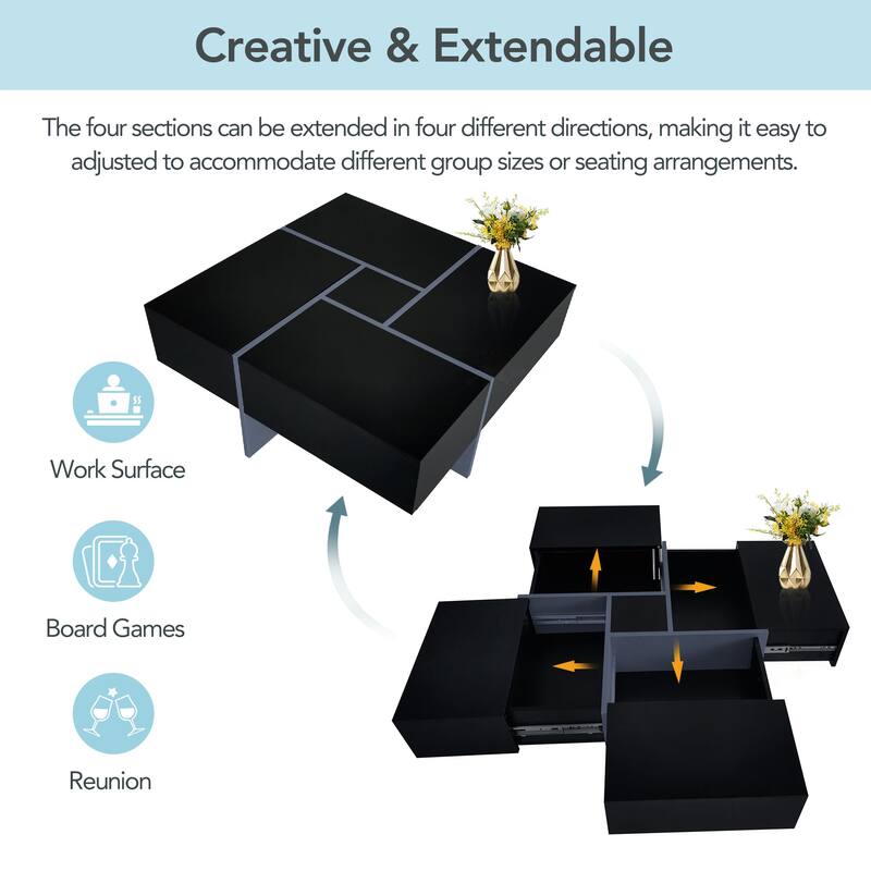 Modern Square Coffee Table w/ 4 Hidden Storage, Cocktail Table with Extendable Sliding Tabletop, High-Gloss Design Center Table