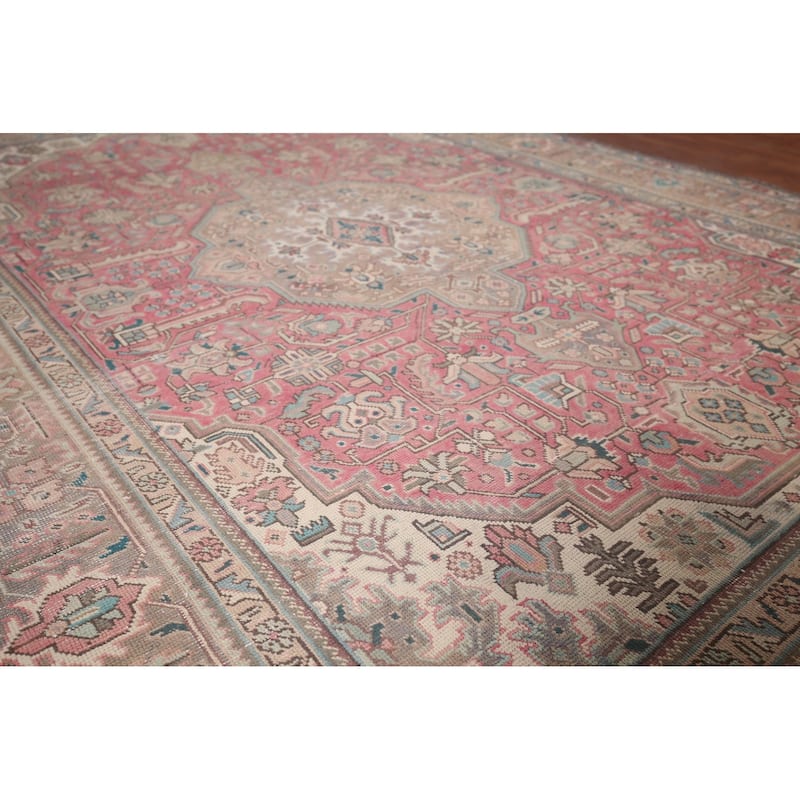 Pink Geometric Tabriz Persian Vintage Rug Hand-Knotted Wool Carpet - 6'7"x 9'8"