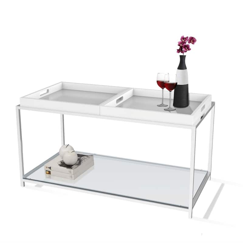 Modern Chrome Metal Coffee Table with 2 White Removable Trays - 18 x 34.6 x 17 inches