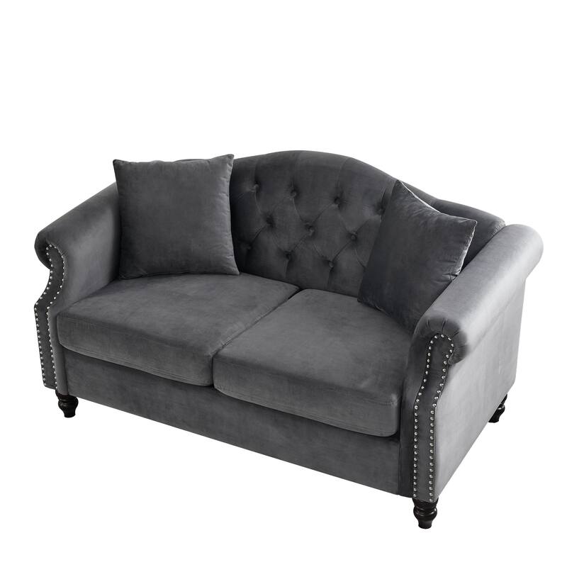 Chesterfield Velvet Loveseat, Tufted Upholstered Couch with Rolled Arms & Nailhead, 2 Seater Sofa with 2 Pillows