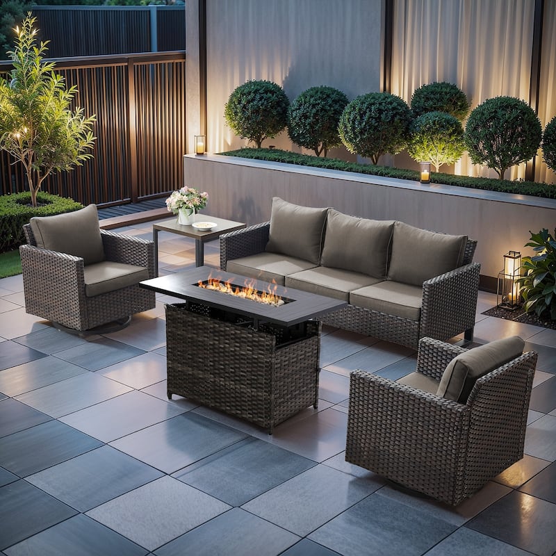 Outdoor Grey Wicker Fire Pit Table with Sofa Swivel Chairs - Grey Cushion - Brown Wicker Sofa Chair w/ Grey Wicker Fire Table