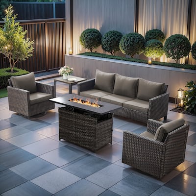 Outdoor Sofa Set with Grey Wicker Fire Table - Brown Wicker Sofa Chair w/ Grey Wicker Fire Table