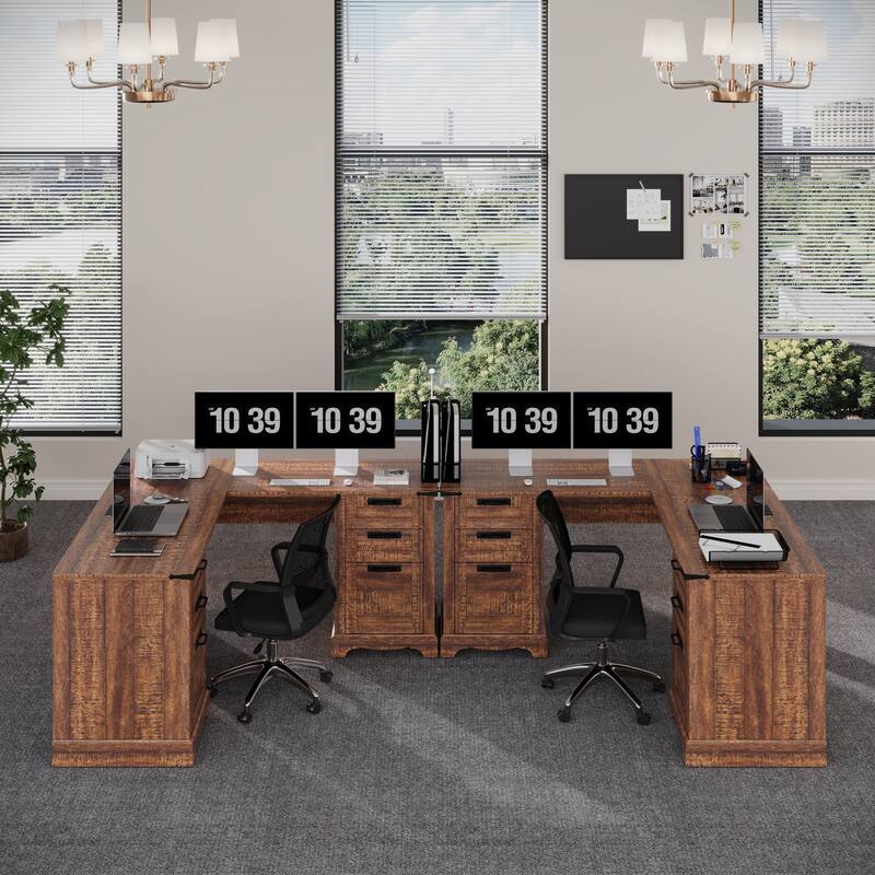 L Shaped Desk Set of 2, Wood Office Desk with Charging Station - Brown