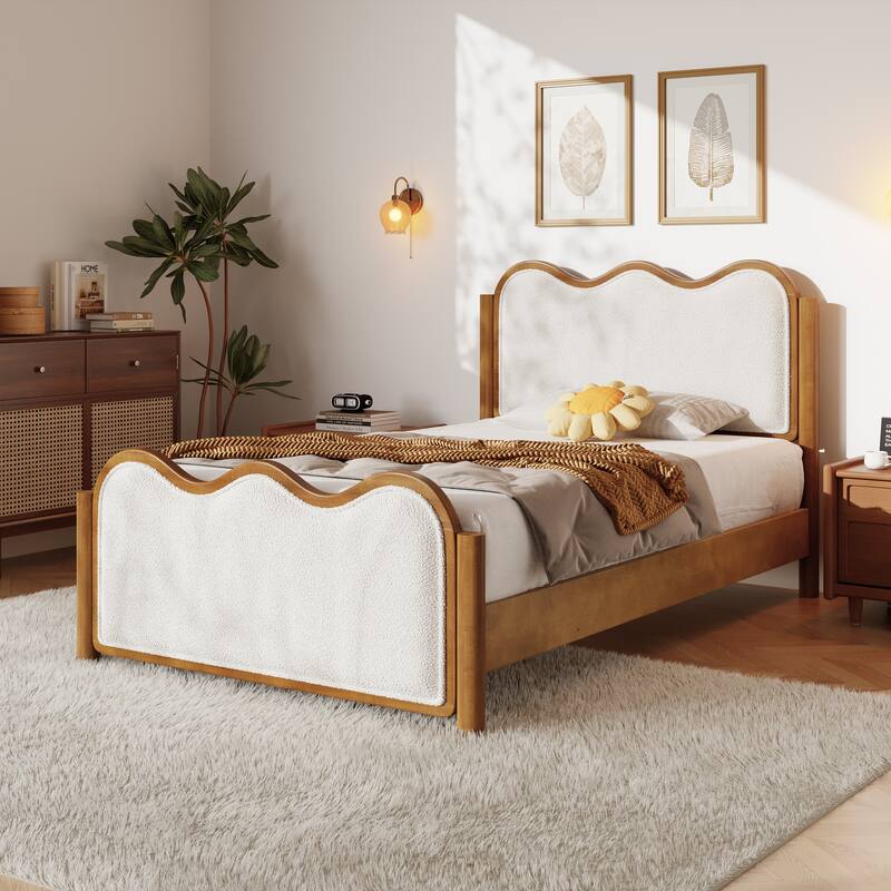 Christopher Knight Home - Modern Upholstered Boucle Bed Frame with Wooden Legs with Wavy Curved Headboard - Ivory,Walnut - Twin