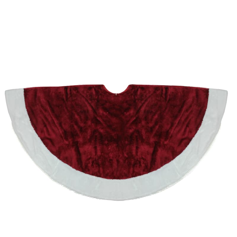 48" White and Burgundy Plush Christmas Tree Skirt