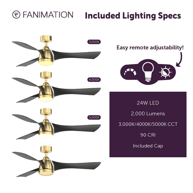 Fanimation Klear 56 inch Indoor/Outdoor Smart Ceiling Fan with LED CCT Select Light Kit and Remote - Brushed Satin Brass & Black