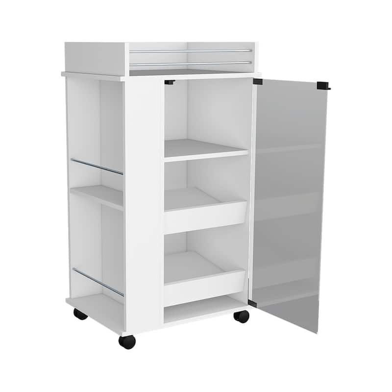 Bar Cart with Two-Side Shelves Beaver, Glass Door and Upper Surface - White