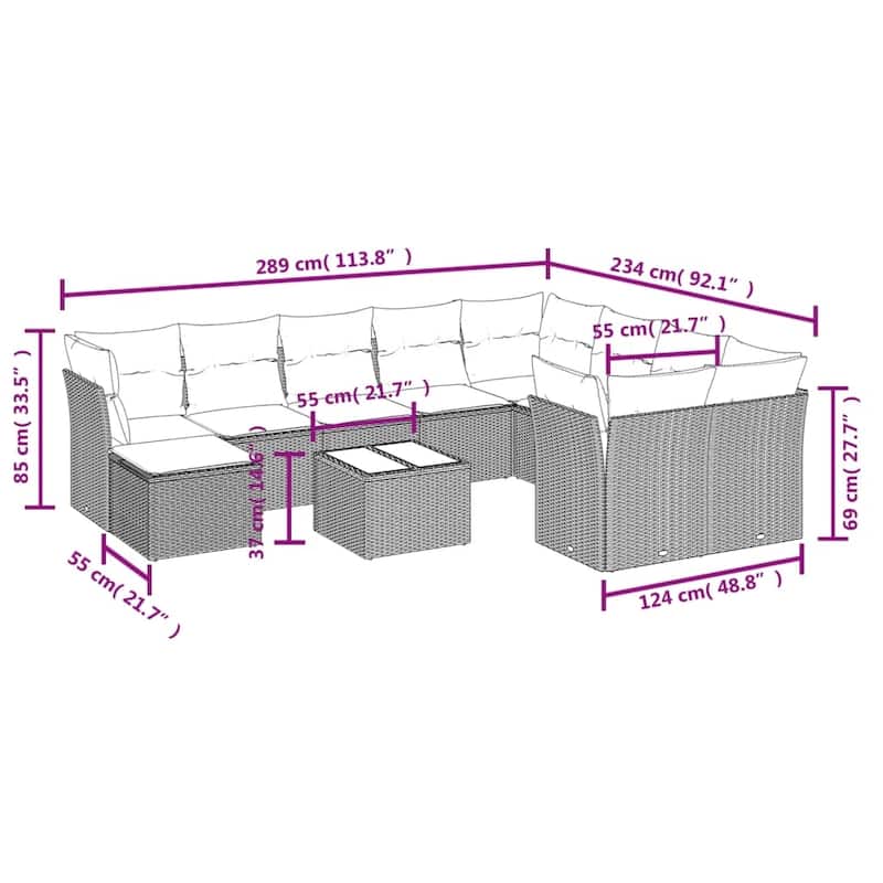 vidaXL Patio Sofa Set with Cushions Outdoor Furniture 11 Piece Poly Rattan - 21.7 x 21.7 x 14.6