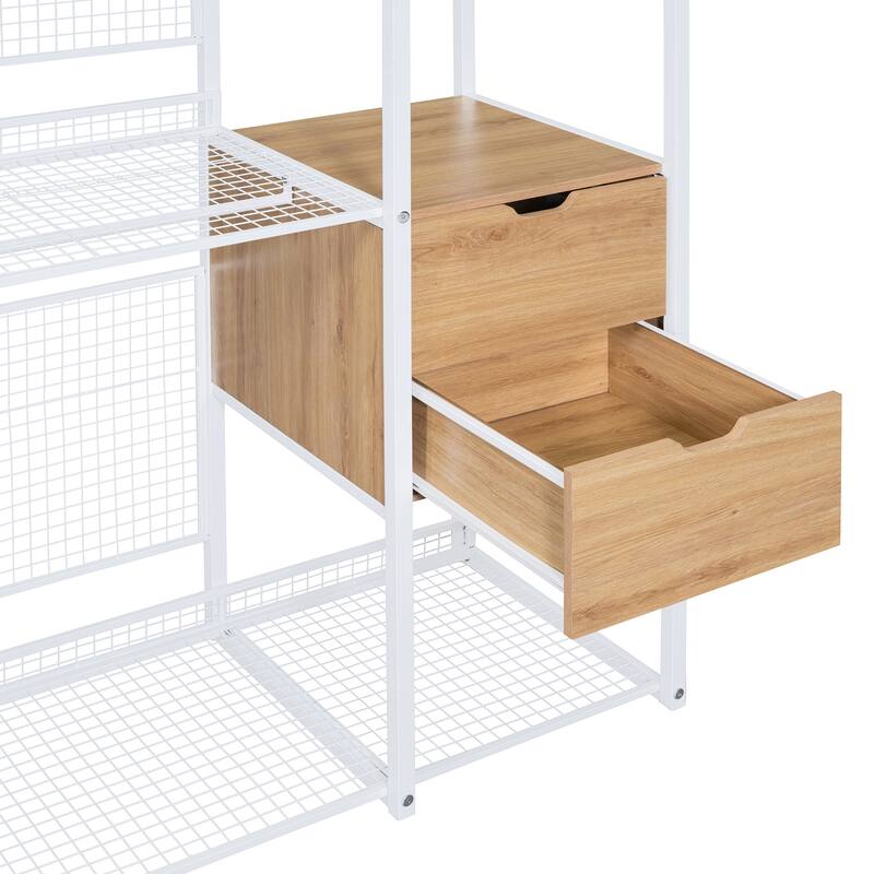 Open-Style Wardrobe with Hanging Rails, Shelves and Drawers - N/A - White