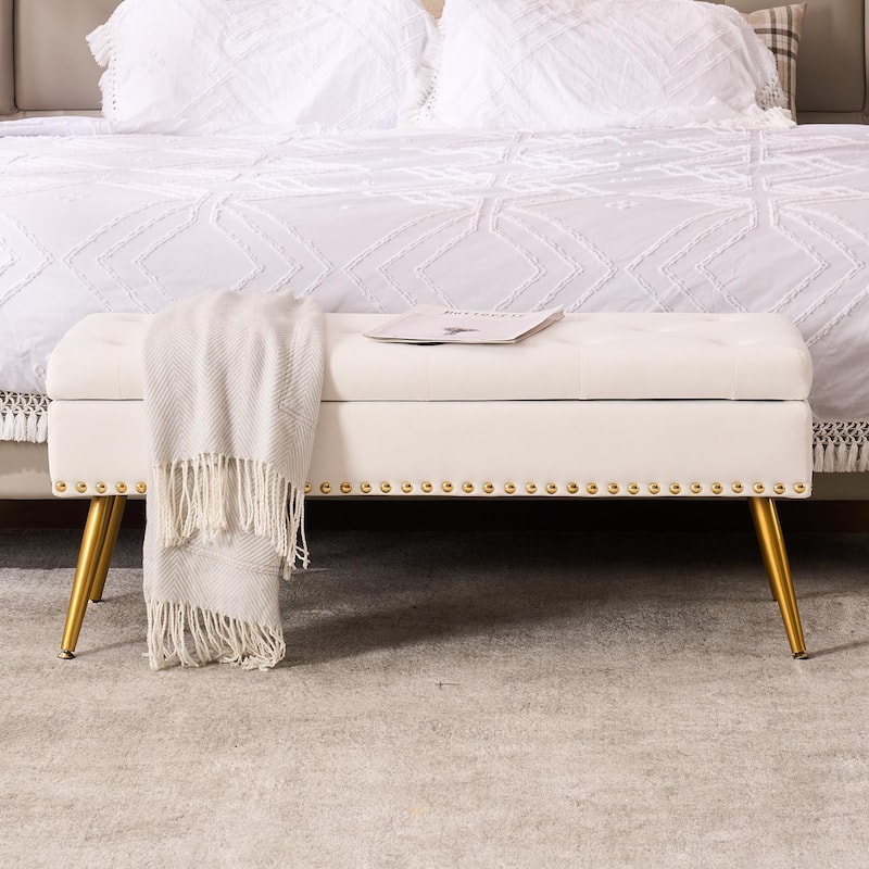 Velvet Storage Ottoman Bench with gold legs and Nailhead Trim for Bedroom/End of Bed/Entryway/Window