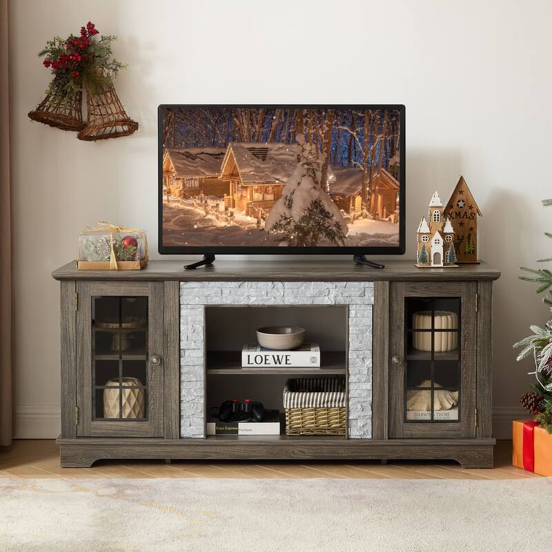GDFStudio Lysander Wood TV Stand with Faux Stone and 2-Door Storage