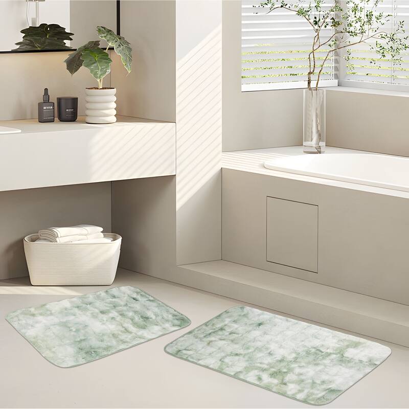 Green 2 Piece Striped Textured Ultra Soft Faux Fake Fur Rabbit Non-Slip Absorbent Bathroom Bath Mat Set - Sage