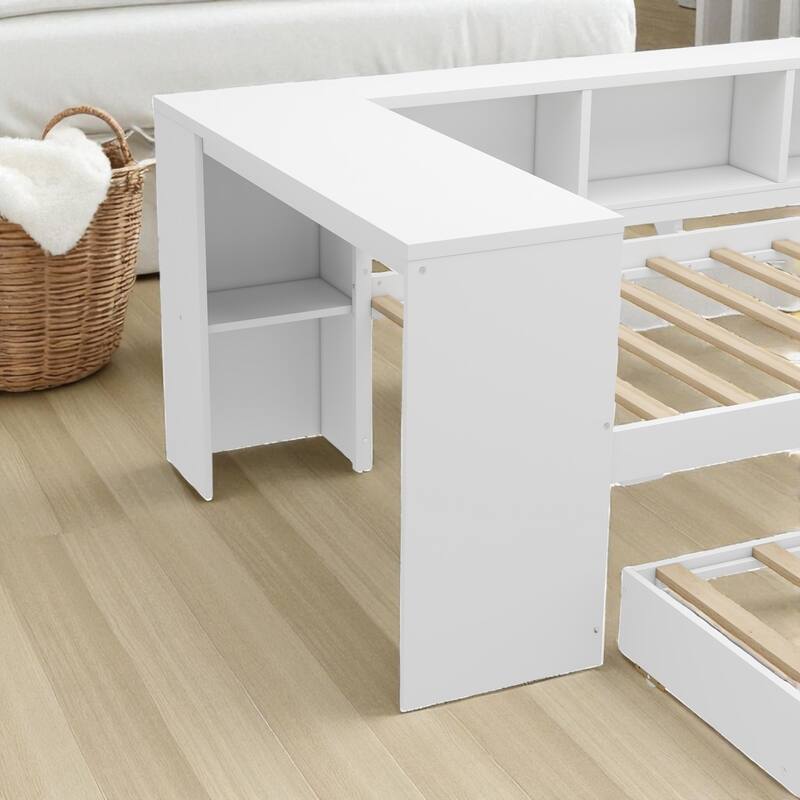 Twin/Full Size Wood Daybed with Trundle, Storage Drawers, Shelves and Built-in Desk, No Box Spring Needed