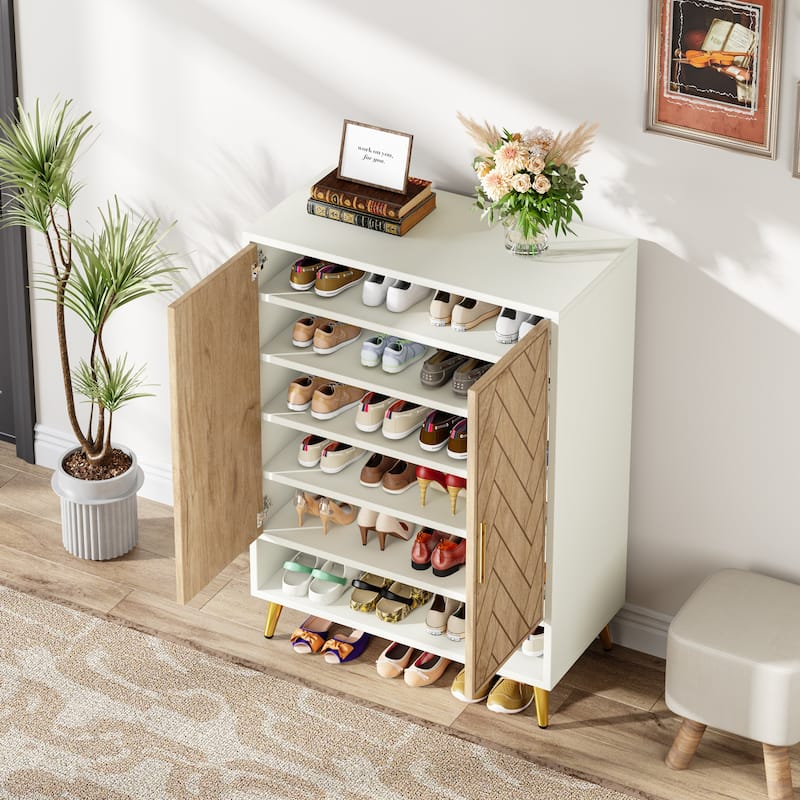 Walnut Shoe Cabinet, 6-Tier Wooden Shoe Organizer with Stable Leg