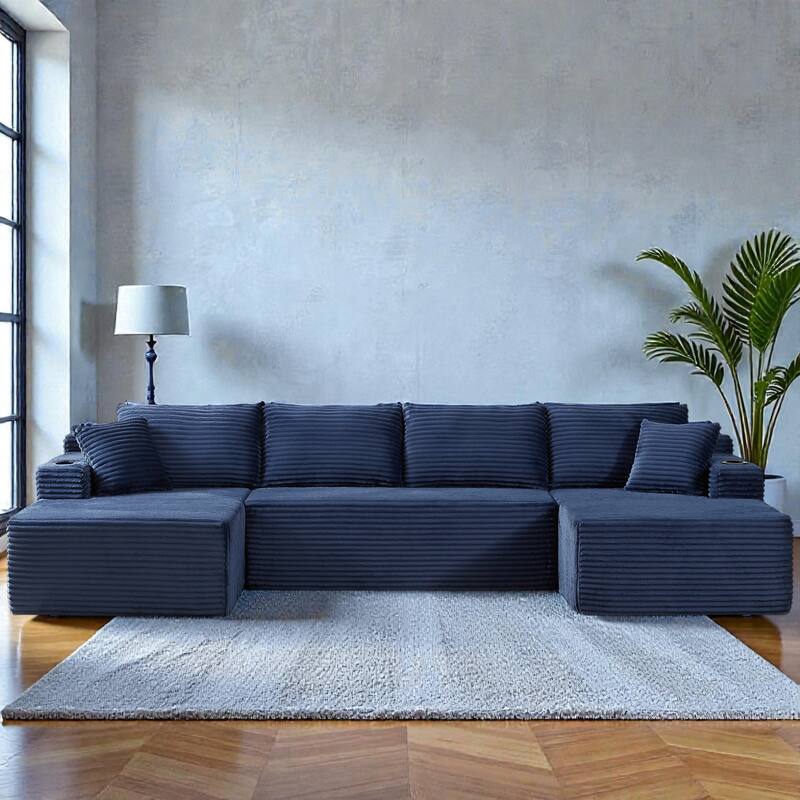 Compressible U-Shaped Modular Sectional Sofa, Corduroy Cloud Couch, 6-Seat Minimalist Living Room Sofa