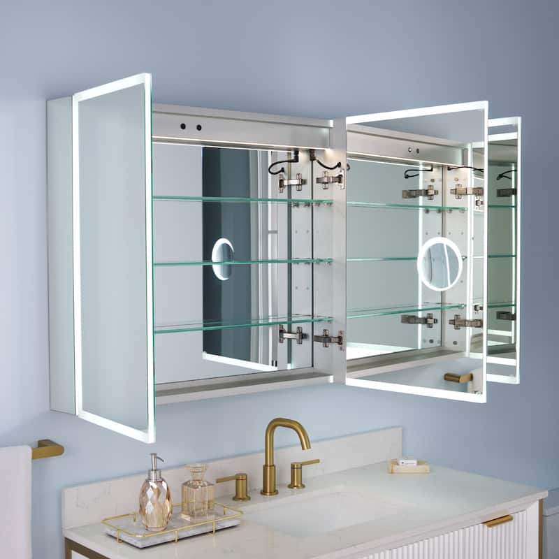 30'' H Recessed or Surface Frameless LED Mirror Cabinet With Defogger, Dimmer, Outlets & USB Ports 