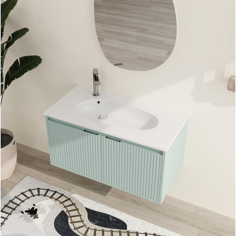 Malwee 24"/36"/48" Floating Bathroom Vanity, Wall Mounted Bathroom Vanity with Resin Top,Soft Close Doors - 35.8"×18.2"×18.2" - Green