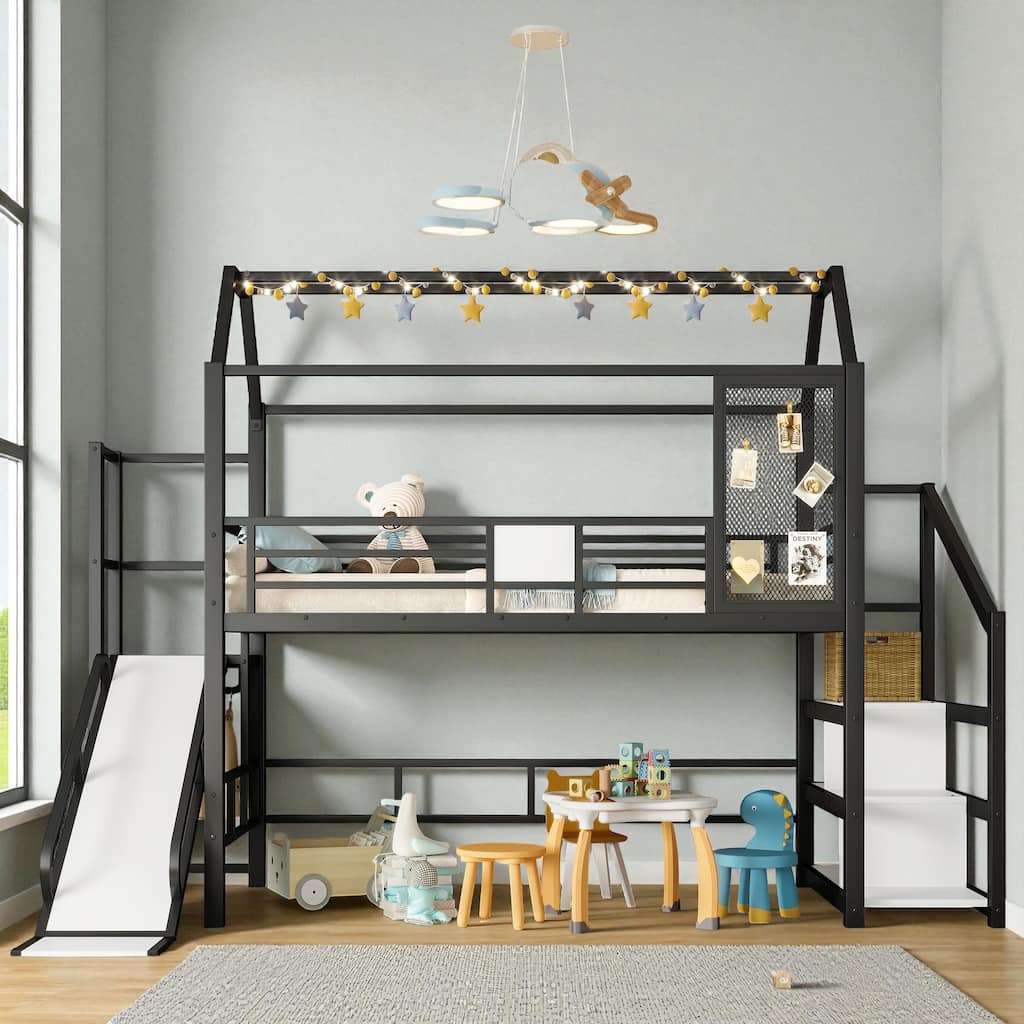 Twin/Full Metal House Loft Bed with Slide and Stairs, Kids Playhouse Bed with Roof, Storage Shelves & Guardrails