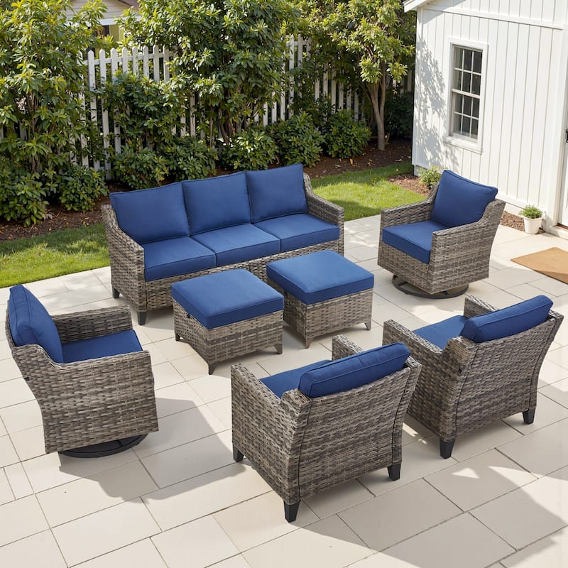 Pocassy 7-Piece Sofa Chair Ottoman w/ Swivel Chair Set - Blue Cushion Gray Wicker - 7-Piece Sofa Chair Ottoman w/ Swivel Chair Set