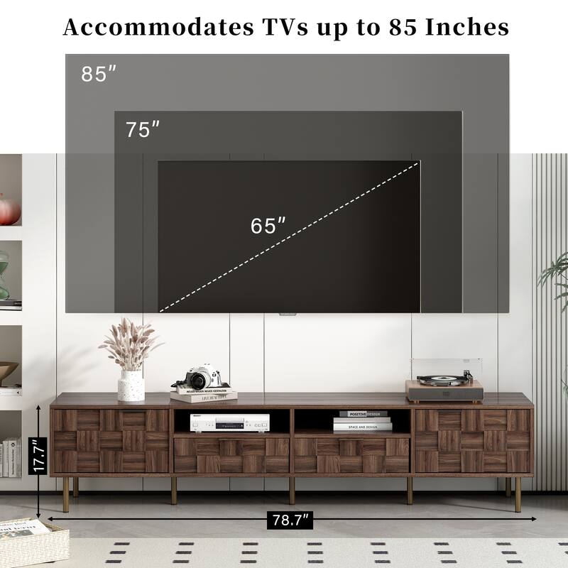 Mid-Century TV Stand with 2 Drawers, Vintage Wood Media Console for TVs up to 85'', Living Room Storage Cabinet w/ Open Shelves