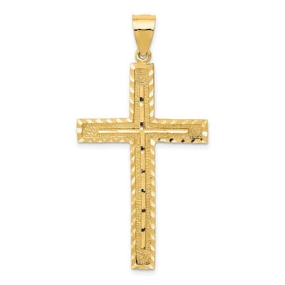 Curata 14k Yellow Gold 18" 42.1x24.9mm Large Textured Sparkle-Cut Latin Cross Necklace