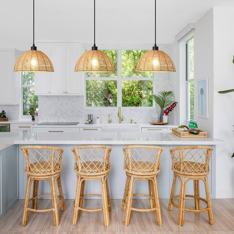 1-Light Dome Hanging Pendant Light Chandelier with Paper Rattan Shaded for Kitchen Island