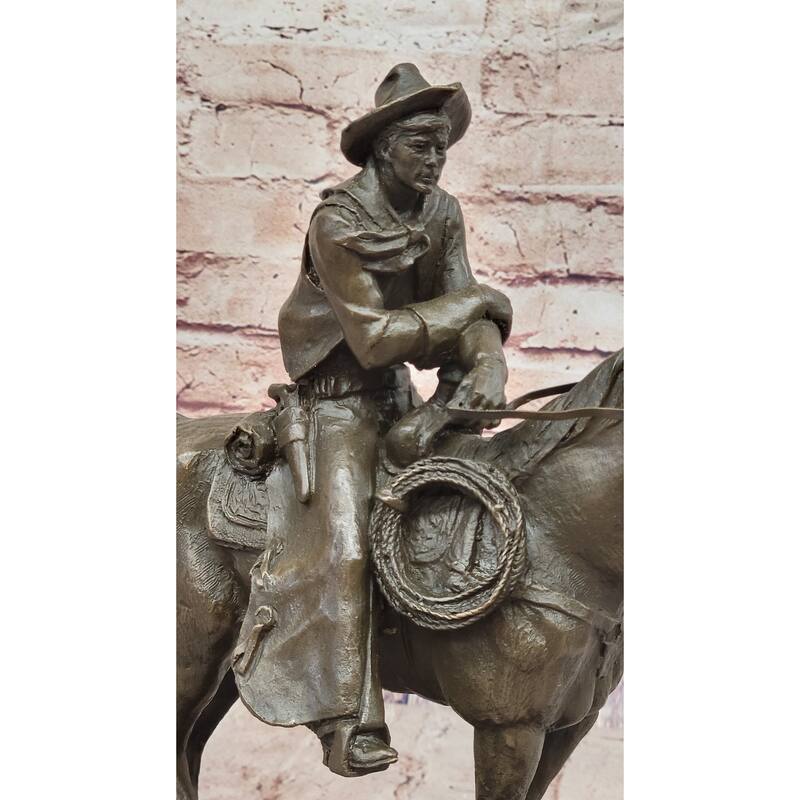 Cowboy On Horseback By Jim Ponter Bronze Statue Sculpture On Marble Base