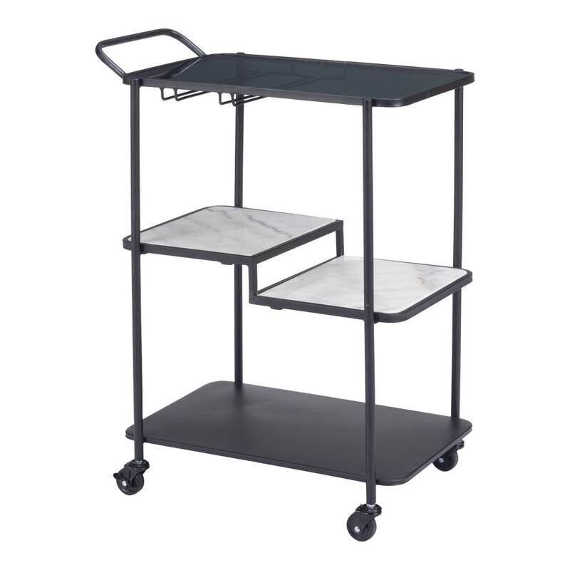 HomeRoots 25" Black Steel and Faux Marble Glass Rolling Bar Cart - 25.00 in. x 32.30 in. x 16.00 in.