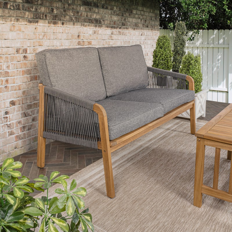 Gable Modern Bohemian Roped Acacia Wood Outdoor Loveseat with Cushions, by JONATHAN Y