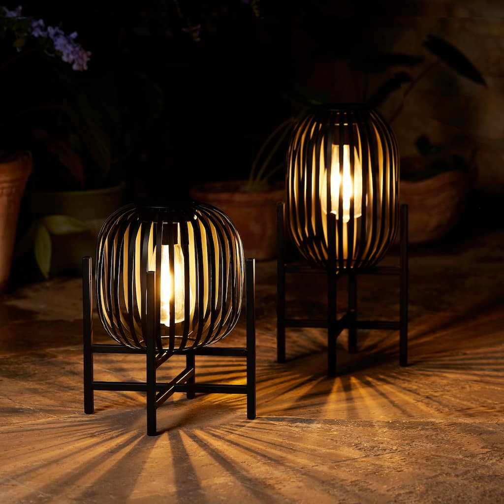 Glitzhome Set of 2 Outdoor Black Metal Striped Solar Lantern Floor Lamp