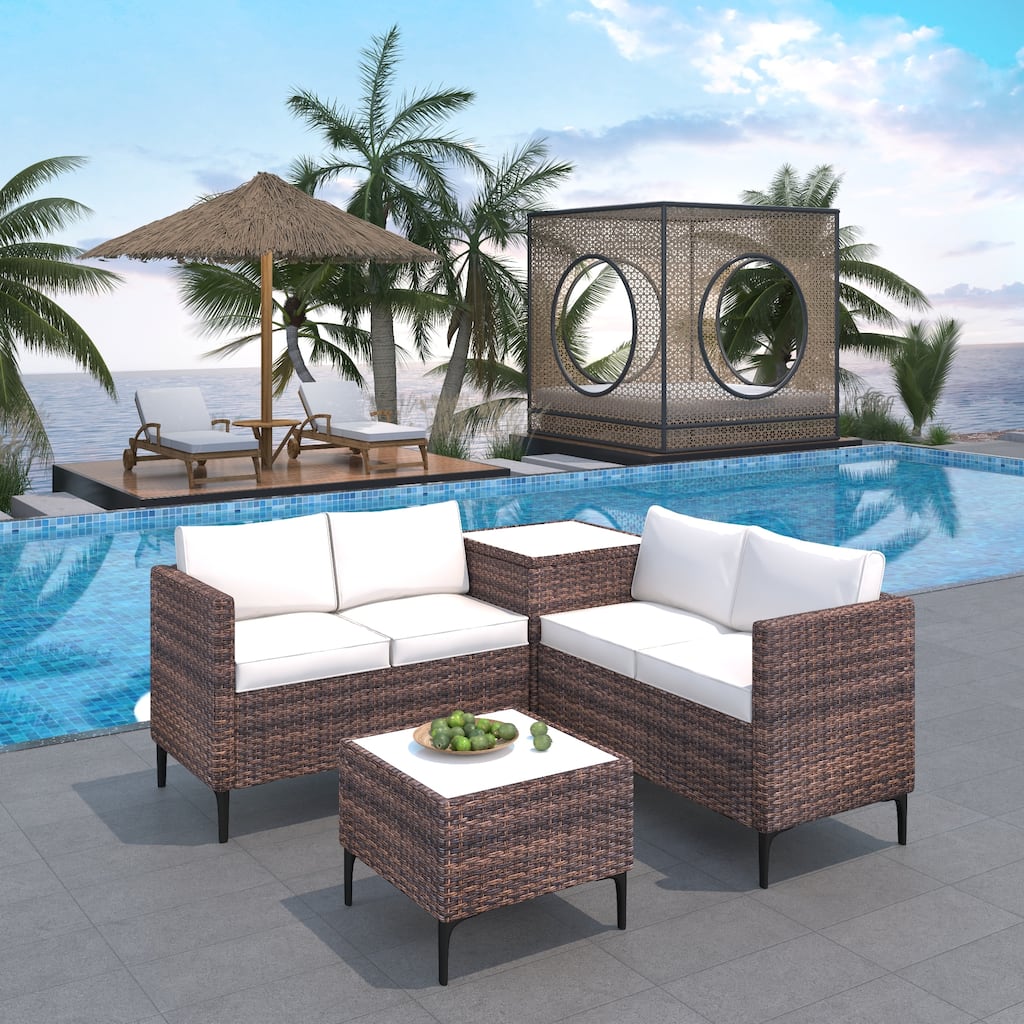 4-Piece Rattan Patio Set – Modular Sectional with Storage Box & Glass Table, Weather-Resistant for Outdoor Lounge,