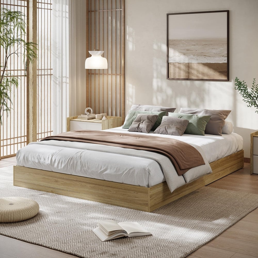 Solid Wood Platform Bed, Floor-Standing Bed Frame with Strong Wooden Slats