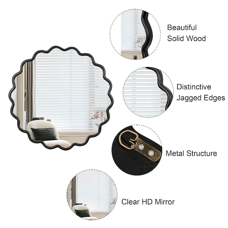 Solid Wood Wavy Mirror-Black Vanity Mirror Wall Decor 36" x 36" Modern Mirror Wall Decor