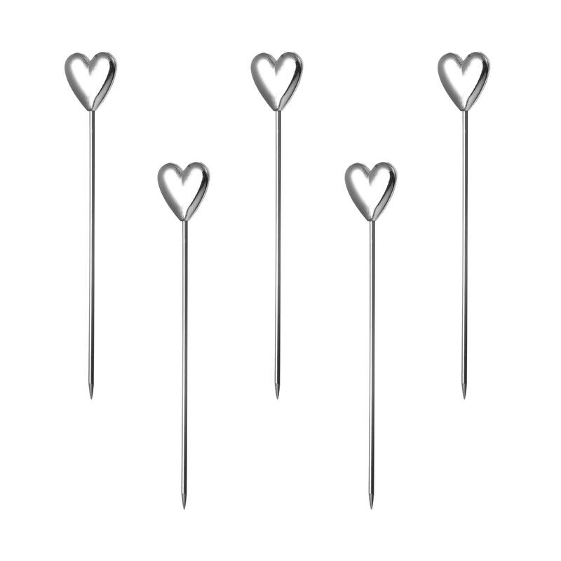 Metal Cocktail Toothpicks Heart Shape Drink Picks Cocktail Skewers 5Pcs (Silver) - 4.41"
