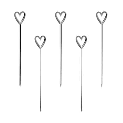 Metal Cocktail Toothpicks Heart Shape Drink Picks Cocktail Skewers 5Pcs (Silver) - 4.41"