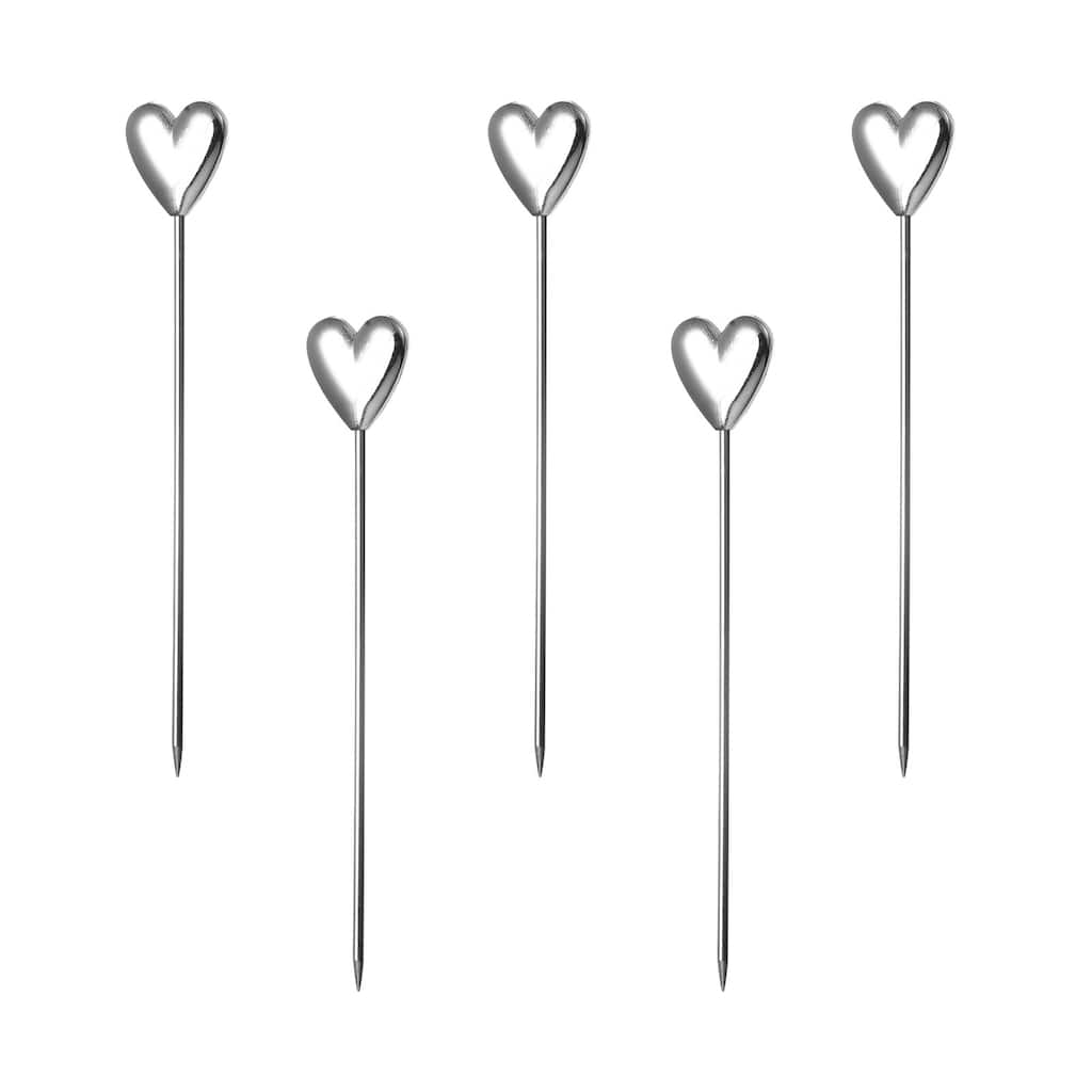 Metal Cocktail Toothpicks Heart Shape Drink Picks Cocktail Skewers 5Pcs (Silver) - 4.41"