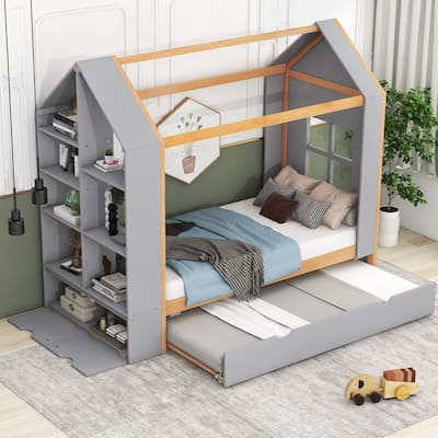 Twin Size House Bed with Trundle and Storage Shelves, Montessori Bed Platform Bed with Roof, Solid Wood Playhouse Bed Frame