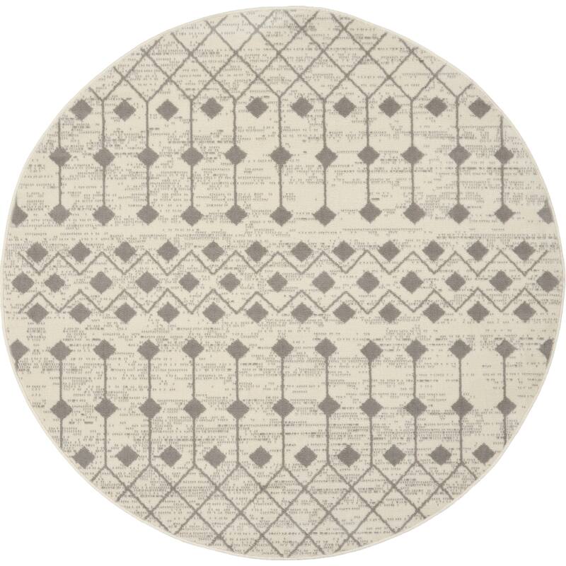 Porch & Den Muirfield Moroccan Bohemian Area Rug - 5'3" Round - Ivory/Grey - Round