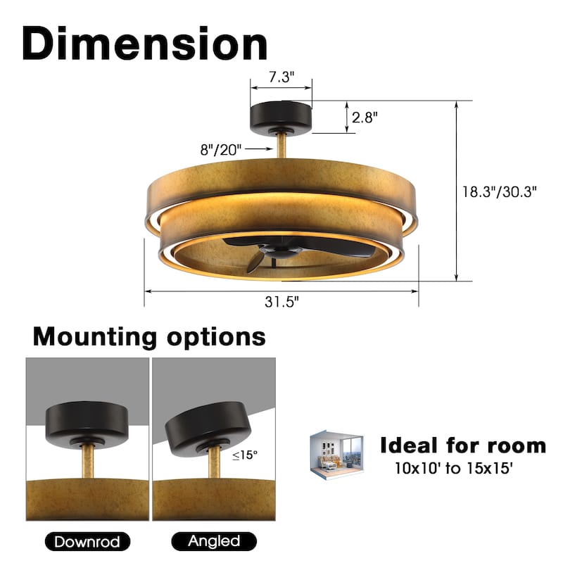 Perimost 31.5" Rustic 3-Blade Fandelier Dimmable Ceiling Fan with Light and Remote