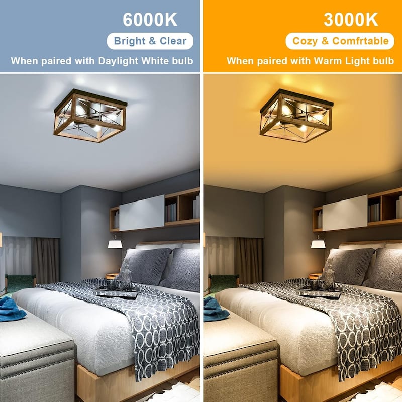 Wooden Flush Mount Ceiling Lights, 4-Light Farmhouse Close to Ceiling Lighting Fixtures Black Ceiling Lamp