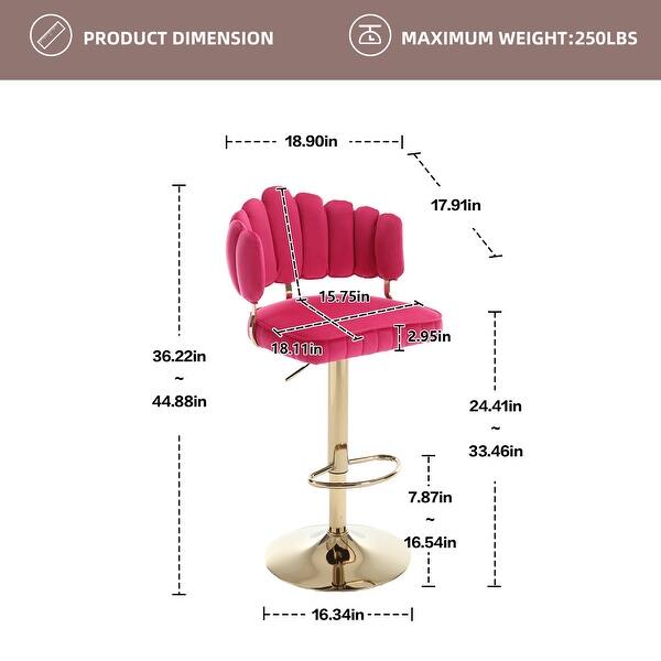 dimension image slide 3 of 6, HOMEFUN Velvet Swivel Adjustable Height Scallop Bar Stools With Footrest(set of 2)