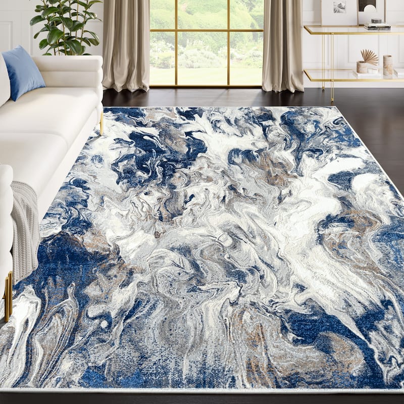 Abani Rugs Regal REG500 Swirl Abstract Low Pile Area Rug - 5'3" x 7'6" - Blue, Grey