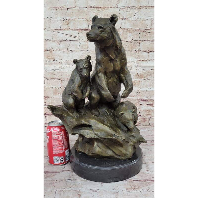 Large Mother Bear With Her Cubs On A Rock Bronze Art Deco Marble Sculpture Barye