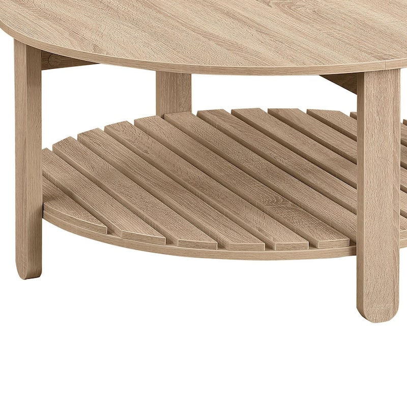 Fowl Round Coffee Table, Slatted Lower Shelf, 36 Inch Natural Brown