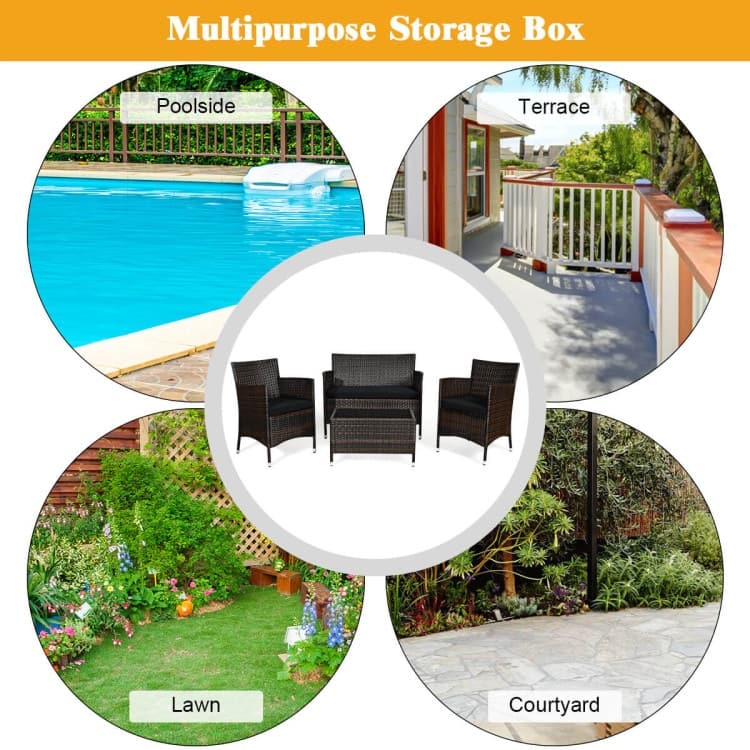 Rattan Patio Conversation Furniture Set with Glass Table and Comfortable Sofa - 4 Pcs